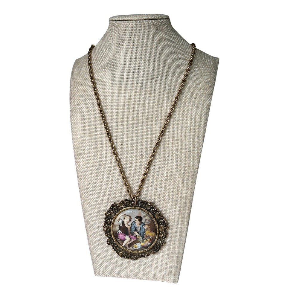 Ornate Medallion 22" Necklace Pastoral Scene Portrait Pendant Vintage Gold Tone